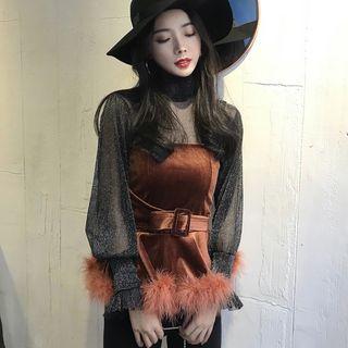 See-through Mesh Puff-sleeve Turtle-neck Top