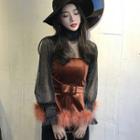 See-through Mesh Puff-sleeve Turtle-neck Top