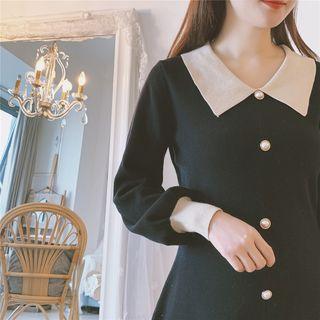 Balloon-sleeve Collared A-line Knit Dress