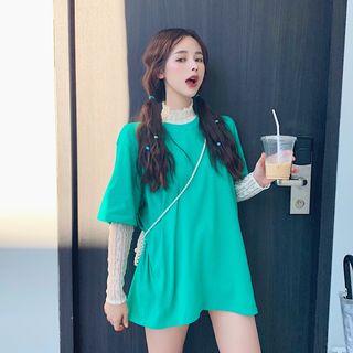 Elbow-sleeve T-shirt / Long-sleeve Lace Top