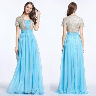 Short-sleeve Lace Panel A-line Chiffon Evening Gown