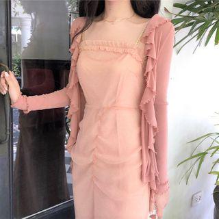 Ruffled Open-front Cardigan / Spaghetti-strap Midi A-line Dress