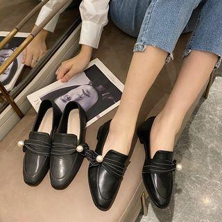 Faux Leather Faux Pearl Bow Loafers