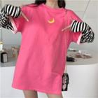 Moon Embroidered Mock-two Long-sleeve Loose-fit Top As Figure - One Size