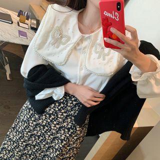 Faux Pearl Blouse / Plain Cardigan / Flower Print Midi Skirt