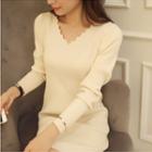 Long-sleeve Scallop Trim Mini Sheath Knit Dress