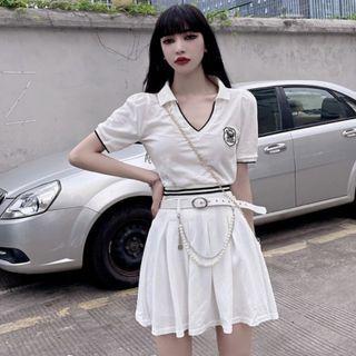 Set: Short-sleeve Open-collar Crop Top + Pleated Mini A-line Skirt