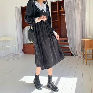 Lace-trim Faux-pearl Velvet Dress