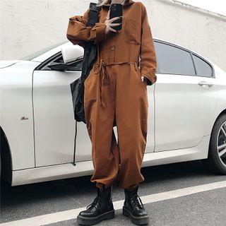 Long-sleeve Hooded Wide-leg Cargo Jumpsuit
