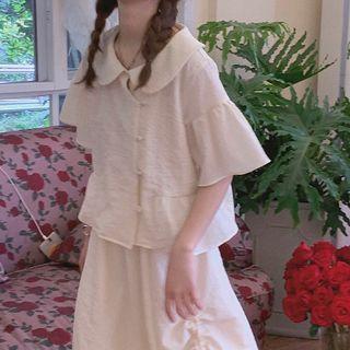 Short-sleeve Button-up Blouse / Drawstring Midi Skirt