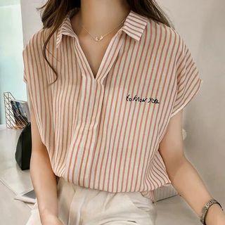 Short-sleeve V-neck Stripe Blouse