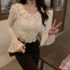 Bell-sleeve Frill Trim Cropped Lace Blouse