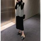 V-neck Knit Vest / Turtleneck Long-sleeve Midi T-shirt Dress