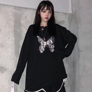 Butterfly Print Oversize Long-sleeve T-shirt Black - One Size