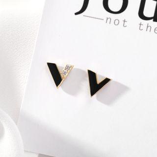 Non-matching 925 Sterling Silver Rhinestone V Shape Earring 1 Pair - Asymmetric - Gold & Black - One Size