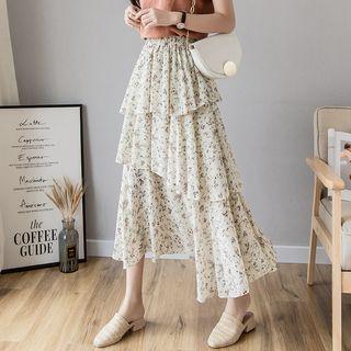 Floral Print Chiffon Layered Midi Skirt Almond - One Size