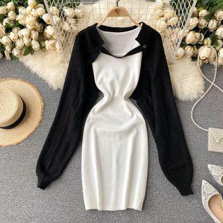 Set: Sleeveless Mini Knit Sheath Dress + Open Front Cardigan