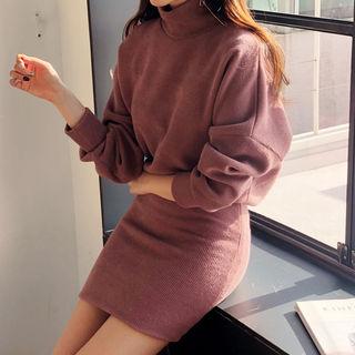 Turtle-neck Tube-hem Rib-knit Dress