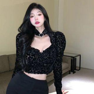Long-sleeve Rhinestone Buckle Crop Top