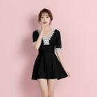 Short-sleeve Lace Trim Swim Dress / Waterproof Pouch / Set