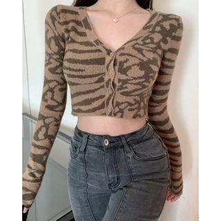 Zebra Print Cropped Cardigan Brown - One Size
