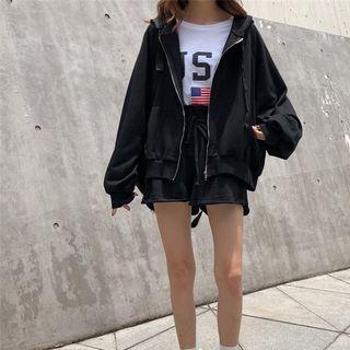 Set: Hooded Zip-up Jacket + Wide-leg Shorts