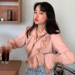 Bell-sleeve Ruffle Trim Lace Plain Blouse Orange Pink - One Size