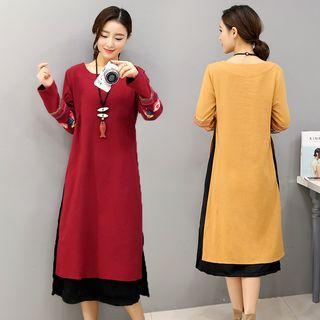 Mock Two Piece Embroidered Long Sleeve Dress