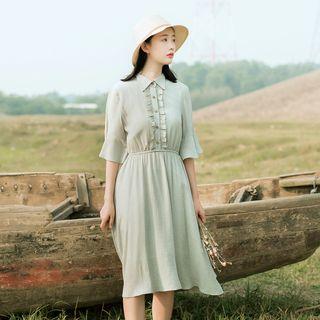 Frill Trim Collared Elbow Sleeve Dress