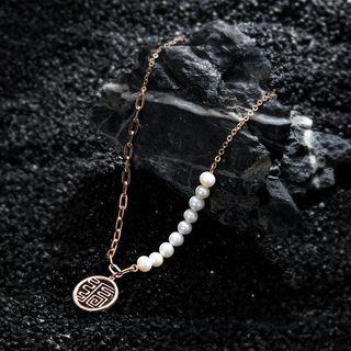 Chinese Characters Pendant Freshwater Pearl Alloy Necklace Rose Gold - One Size