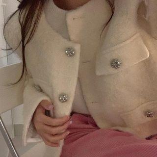 Rhinestone Button Jacket Milky White - One Size