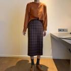 Plain Cardigan / Plaid Midi A-line Skirt