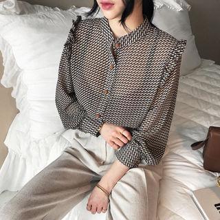 Mandarin-collar Ruffle-trim Patterned Shirt