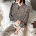 Mandarin-collar Ruffle-trim Patterned Shirt