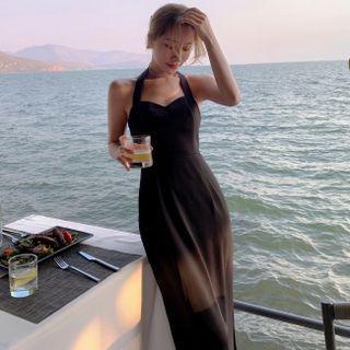 Halter-neck Slit Maxi Sheath Dress