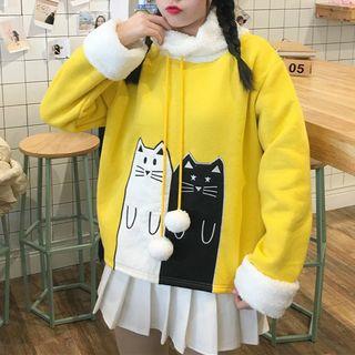 Cat Embroidered Drawstring Pullover Yellow - One Size