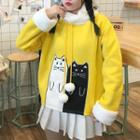 Cat Embroidered Drawstring Pullover Yellow - One Size