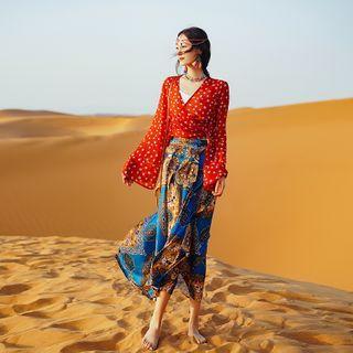 V-neck Patterned Top + Printed Midi Skirt