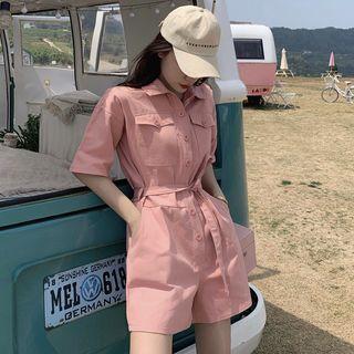 Short-sleeve Tie-waist Shirt Playsuit Pink - One Size