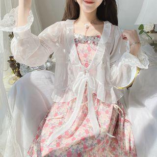 Set: Spaghetti Strap Floral A-line Dress + Ruffle Light Jacket