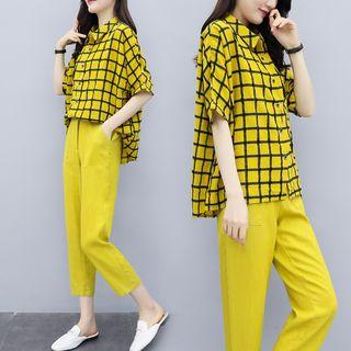 Set: Checked Elbow-sleeve Shirt + Plain Cropped Pants
