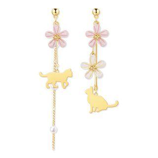 Asymmetrical Cherry Blossom & Cat Earring