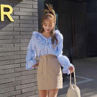 V-neck Frill-trim Stripe Blouse