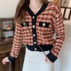 Long-sleeve Vintage Plaid Tweed Cardigan