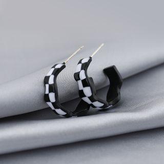 Irregular Checker Alloy Open Hoop Earring 1 Pair - Black & White - One Size