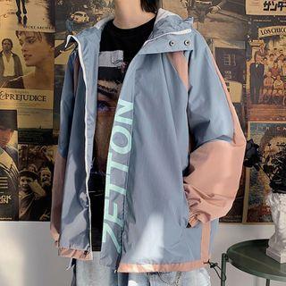 Lettering Two-tone Hooded Zip-up Jacket