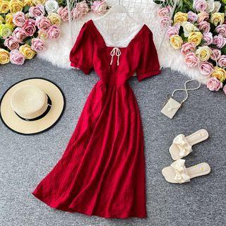 Square-neck Faux-pearl Detail Dress