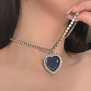 Heart Faux Crystal Rhinestone Pendant Alloy Choker 1 Pc - Heart Faux Crystal Rhinestone Pendant Alloy Choker - Black - One Size