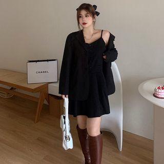 Plus Size Plain Blazer / Sleeveless Button-up Dress