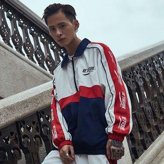 Collared Colorblock Lettering Loose-fit Jacket